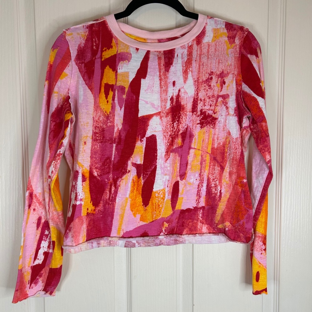 Maeve Anthropologie T-Shirt Abstract‎ Print Long Sleeve XS Women's Pink Orange